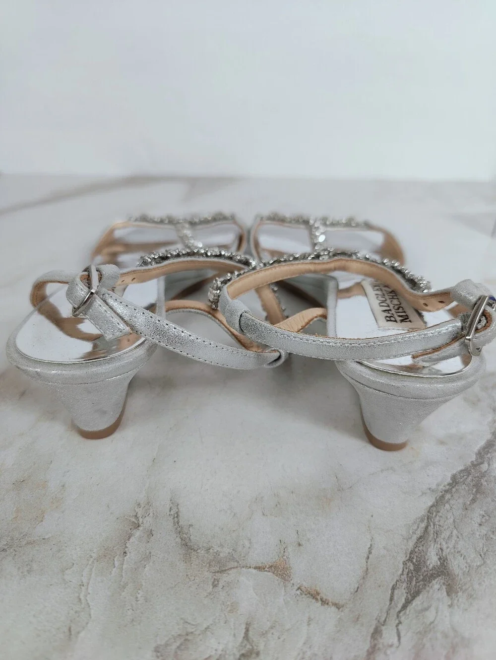 Badgley Mischka Silver Crystal T-Strap Wedge Sandals